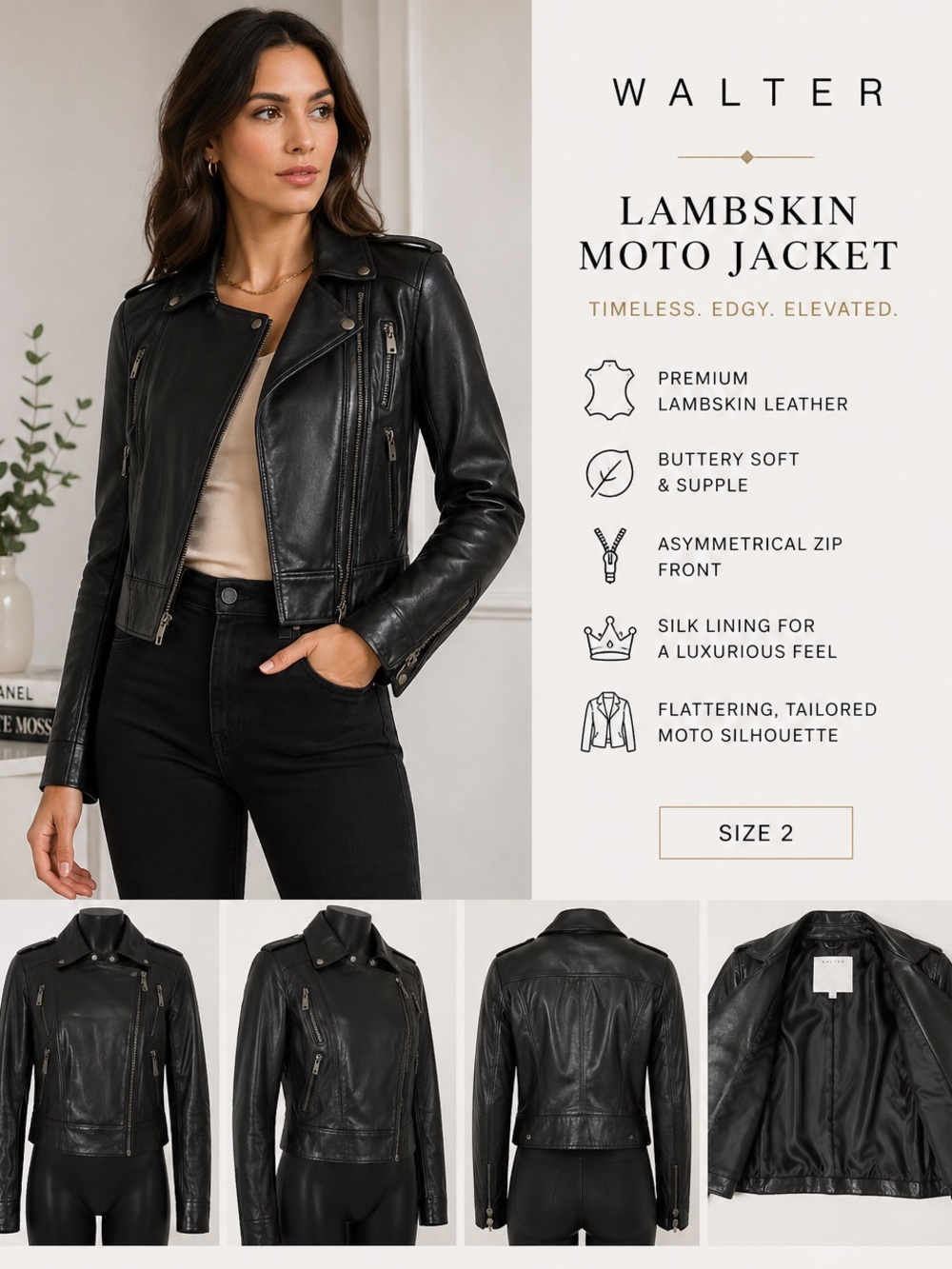 Women's Black Lambskin Leather Moto Biker Jacket Blazer by Walter Baker - Size 2